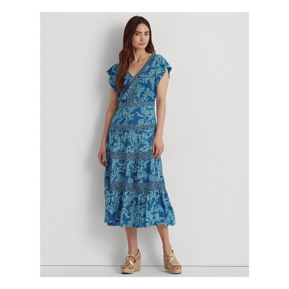 Ralph Lauren Women Blue Jersey Floral Boho Flutter Sleeve Midi Dress Size US 4